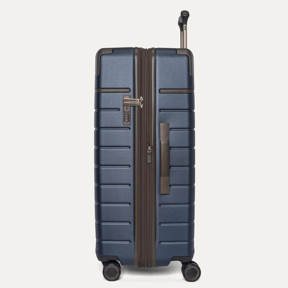 Side profile of the Travelpro Platinum Reserve Large Check-In Hardshell Spinner in Midnight Trail