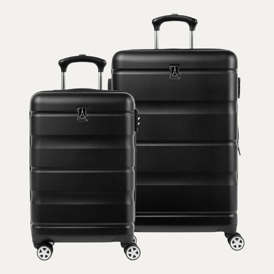 Travelpro Runway® hardside luggage set in black, featuring a carry-on and convertible medium-to-large suitcase with 360° spinner wheels, lightweight hard shell, and telescopic handles