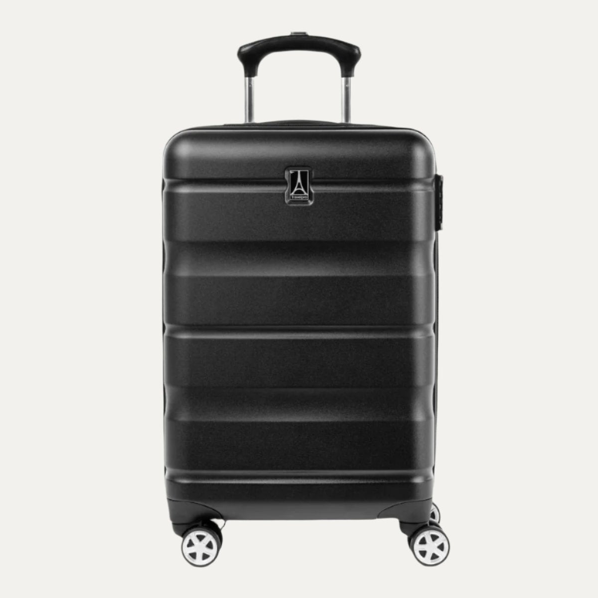 Runway Black hardside carry-on spinner suitcase shown from the front, featuring a textured horizontal stripe design, extended telescopic handle, and spinner wheels.