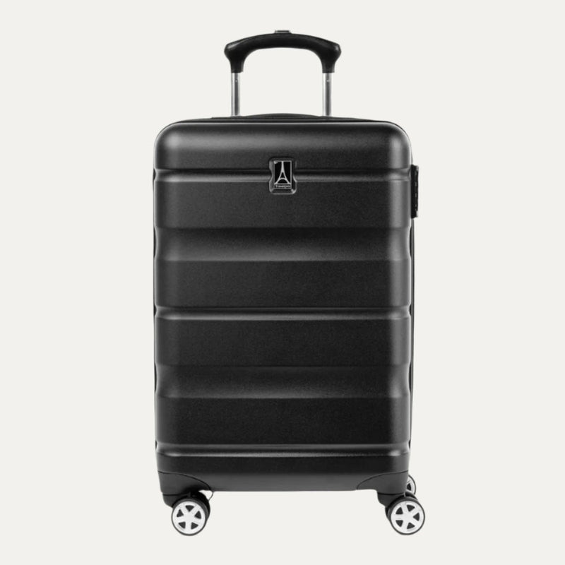 Runway Black hardside carry-on spinner suitcase shown from the front, featuring a textured horizontal stripe design, extended telescopic handle, and spinner wheels.