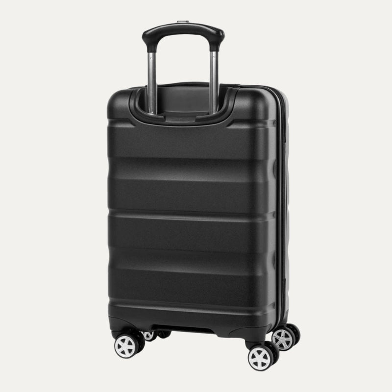 Runway Black hardside carry-on spinner suitcase shown from the back, featuring a telescopic handle extended and spinner wheels.
