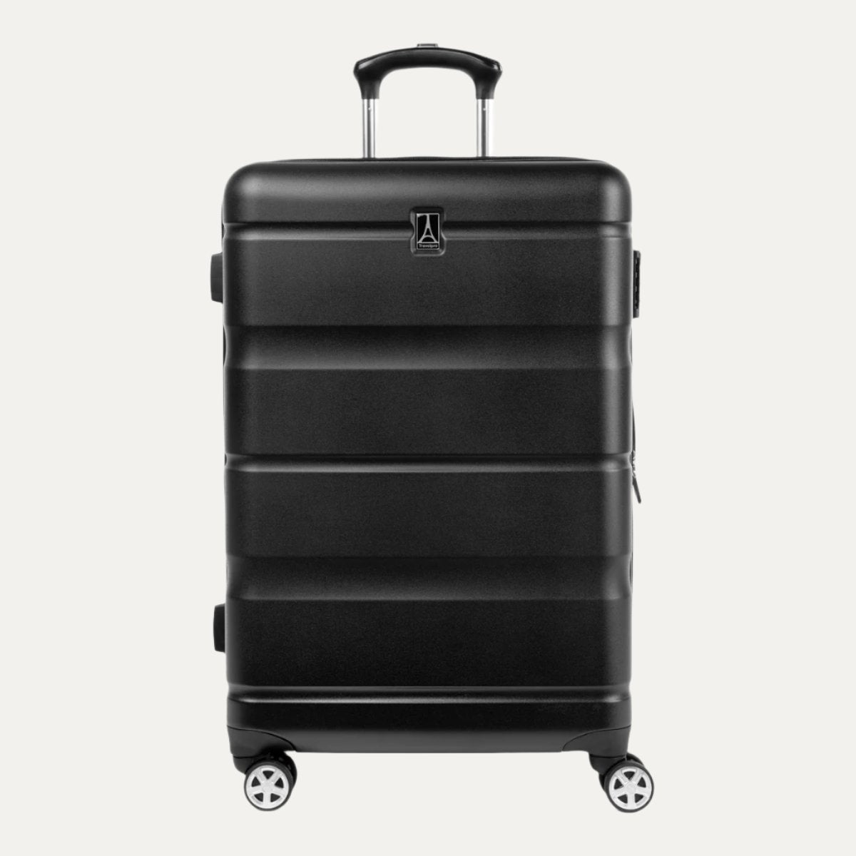 Black hardside spinner suitcase front view with extended telescopic handle and four wheels.