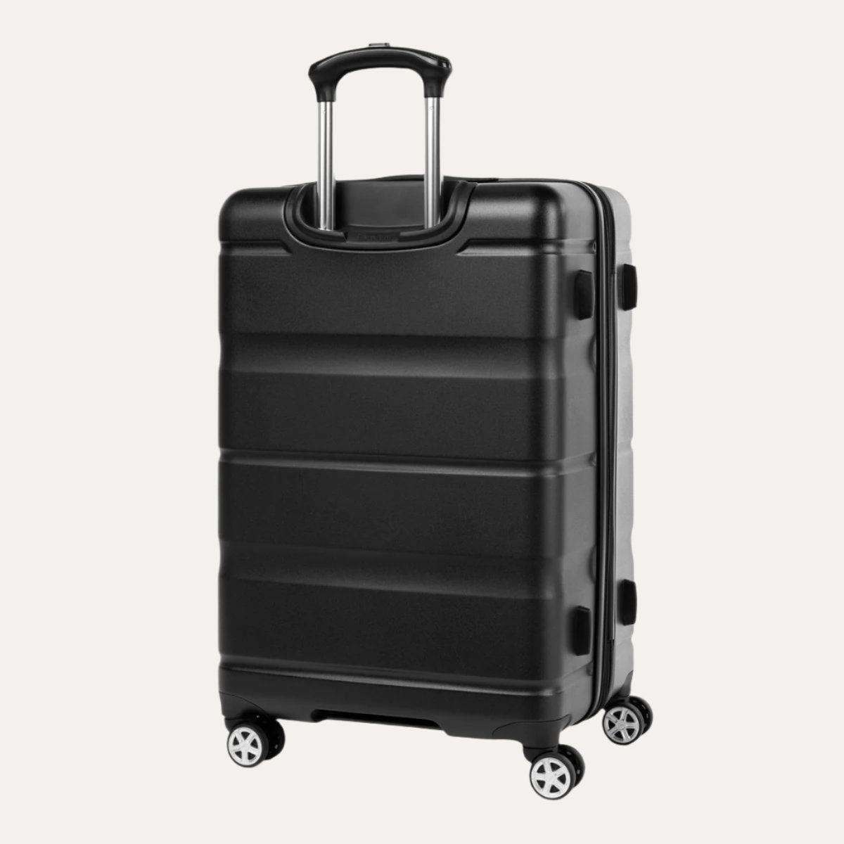 Black hardside spinner suitcase rear view with extended telescopic handle and four wheels.