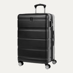 Black hardside spinner suitcase shown at a slight angle, featuring a textured horizontal panel design, four dual spinner wheels, an extended telescopic handle, and a side carry handle.
