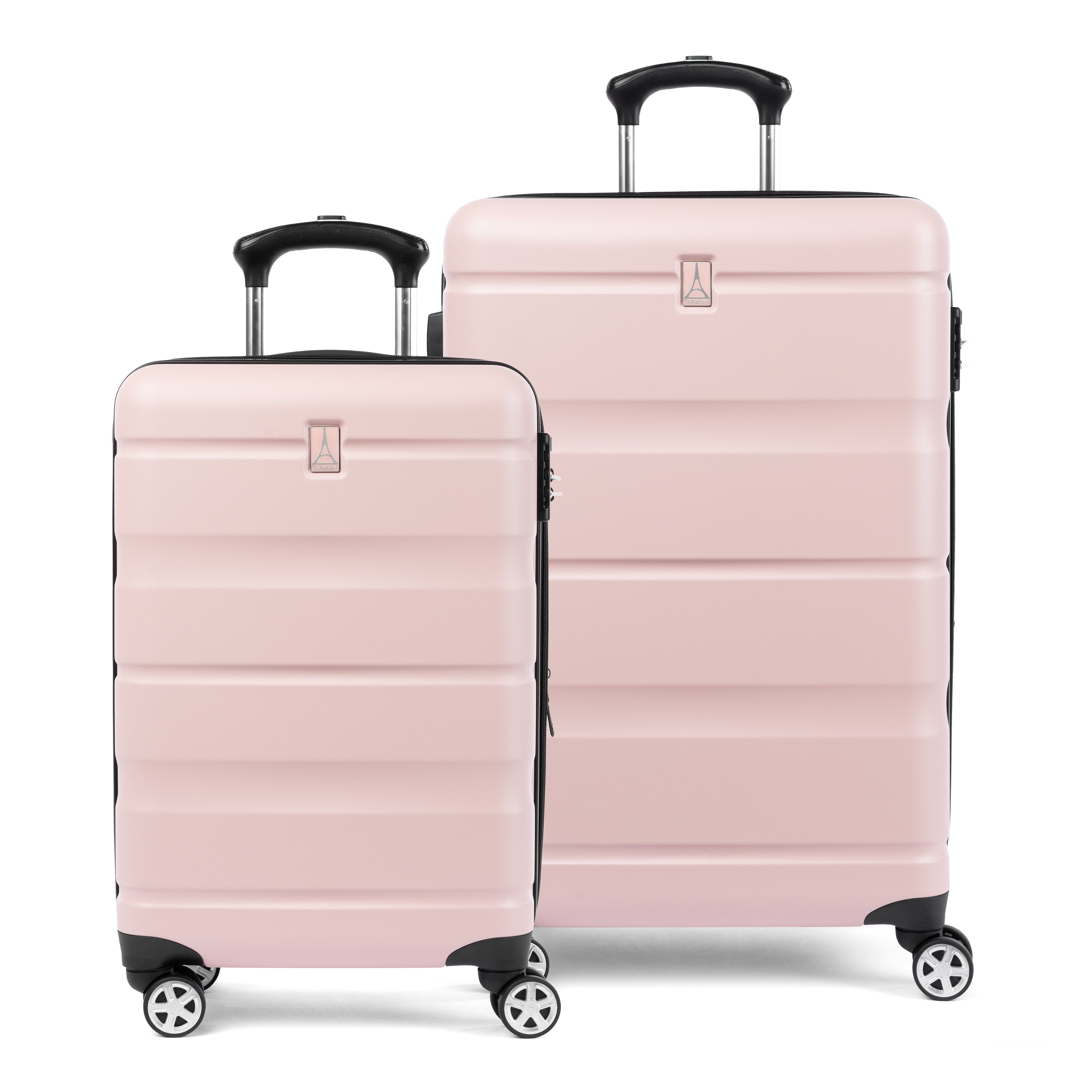Travelpro Runway® hardside luggage set in pink, featuring a carry-on and convertible medium-to-large suitcase with 360° spinner wheels, lightweight hard shell, and telescopic handles