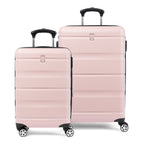 Travelpro Runway® hardside luggage set in pink, featuring a carry-on and convertible medium-to-large suitcase with 360° spinner wheels, lightweight hard shell, and telescopic handles