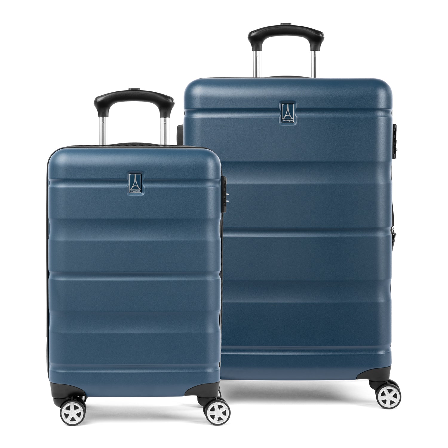 Travelpro Runway® hardside luggage set in teal, featuring a carry-on and convertible medium-to-large suitcase with 360° spinner wheels, lightweight hard shell, and telescopic handles
