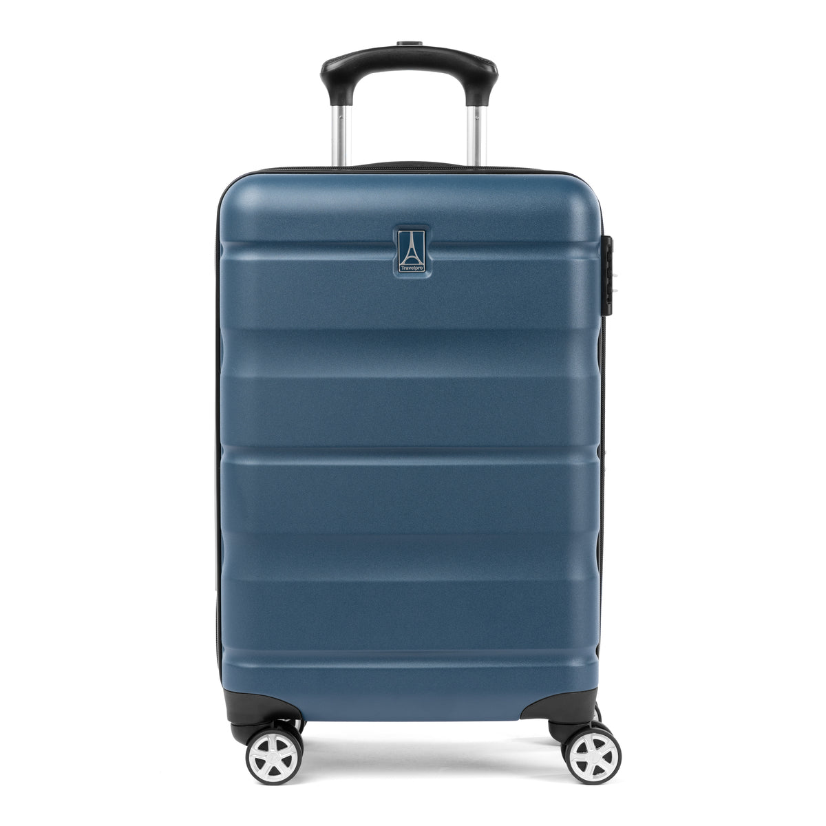 Front view of Travelpro Runway carry-on hardside spinner in teal blue with telescoping handle.

