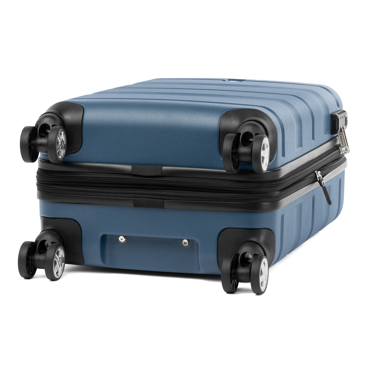 Bottom view of Travelpro Runway hardside spinner in teal blue with TSA-approved lock and 360° wheels.
