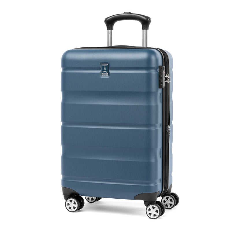 Front angled view of Travelpro Runway carry-on hardside spinner in teal blue with TSA-approved lock, telescoping handle, and 360° wheels.
