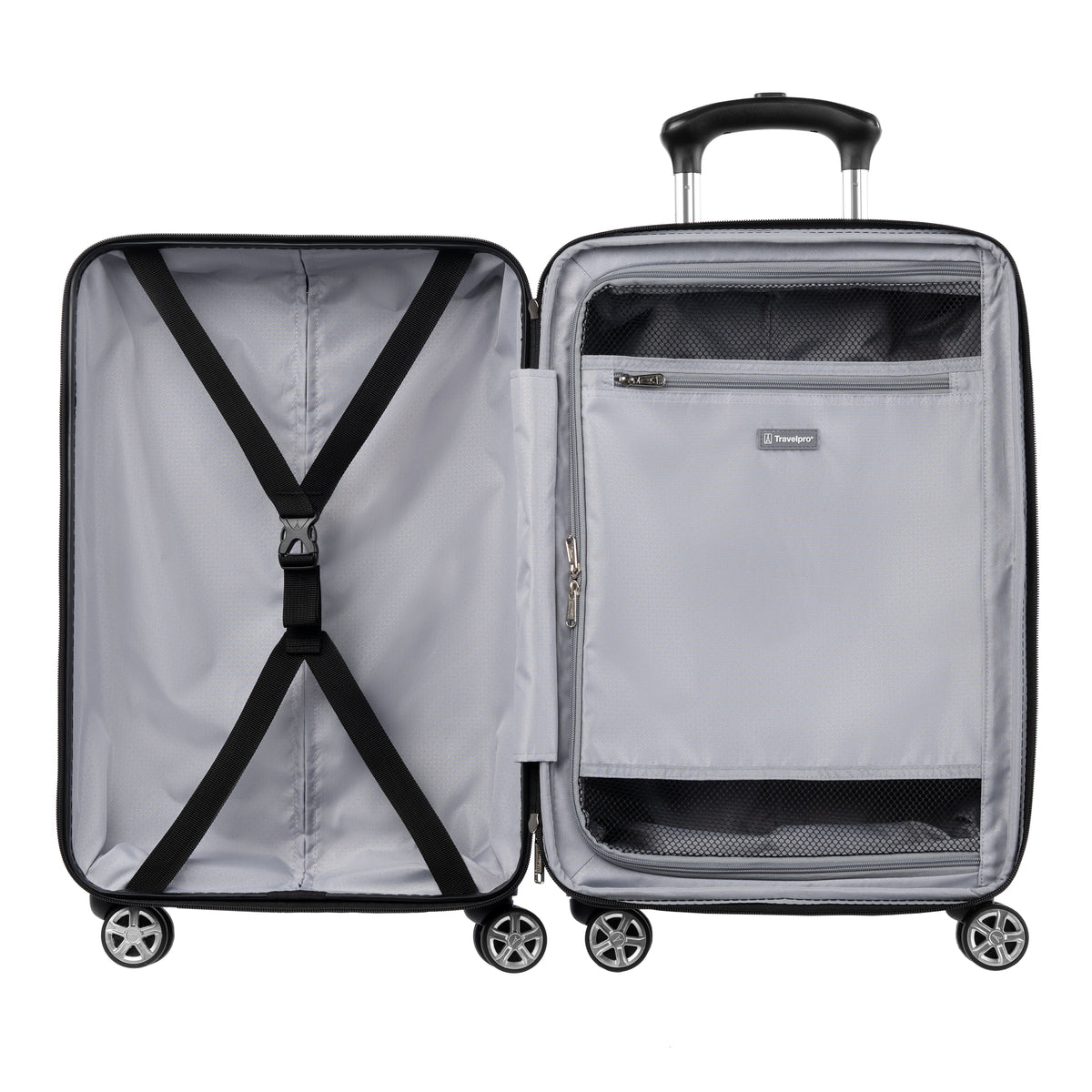 Interior view of Travelpro Runway hardside spinner with zippered divider panel and cross straps for organized packing.

