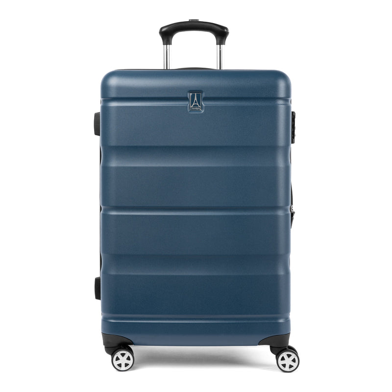 Front view of Travelpro Runway hardside spinner in teal blue with telescoping handle and 360° wheels.