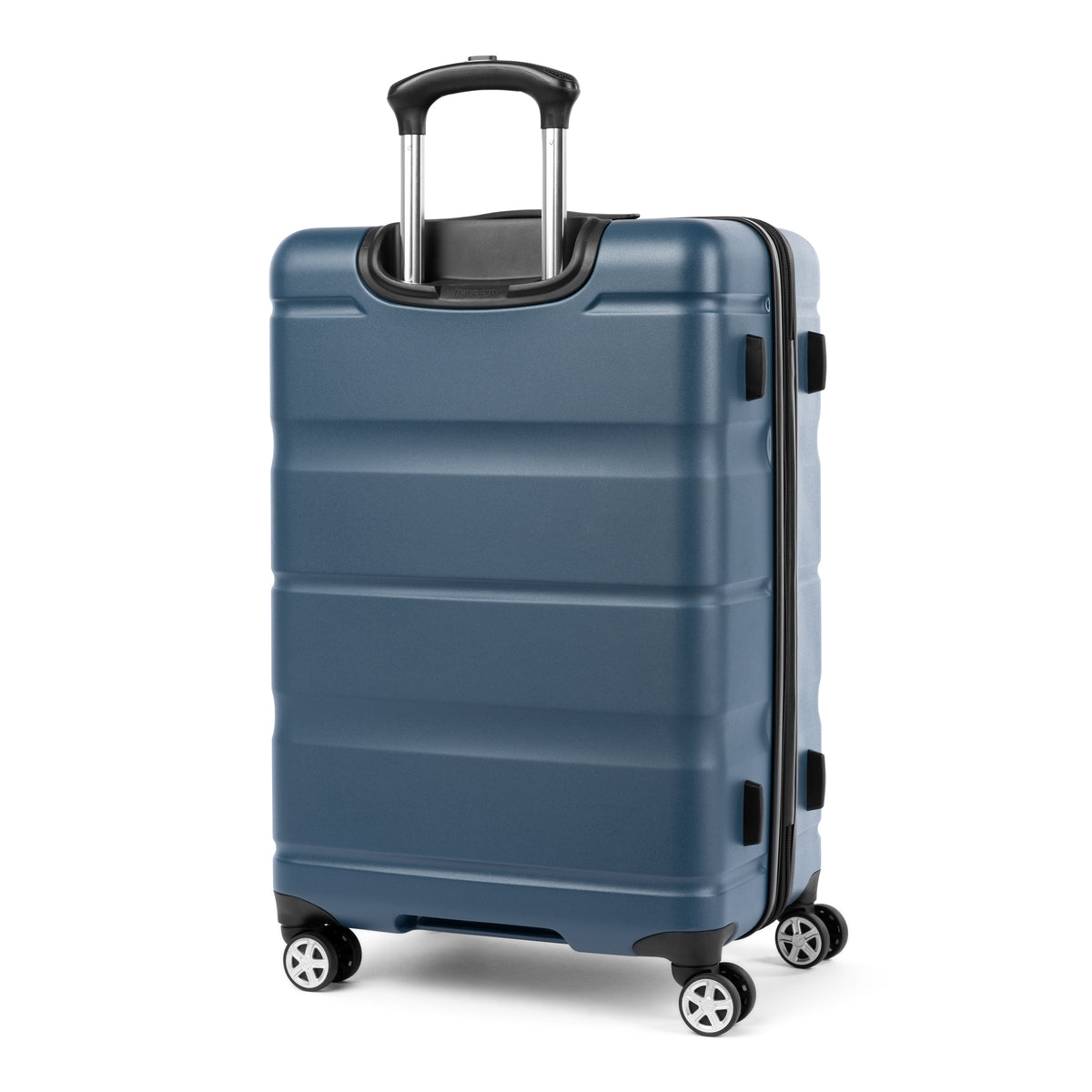 Slanted rear view of Travelpro Runway hardside spinner in teal blue with telescoping handle and eight 360° wheels.
