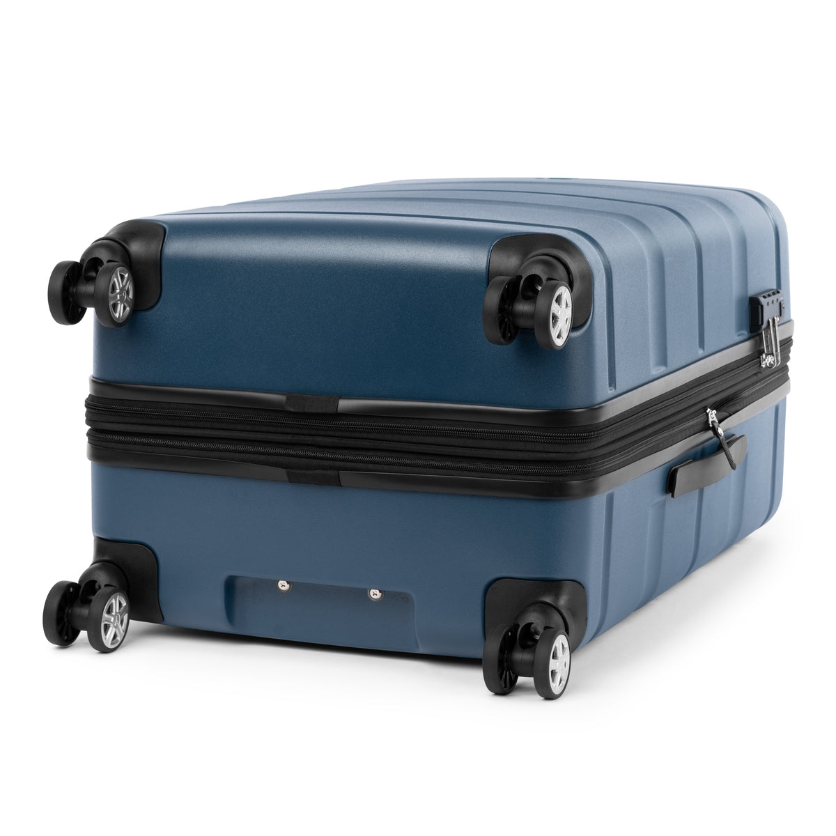 Bottom view of Travelpro Runway hardside spinner in teal blue with eight 360° wheels 