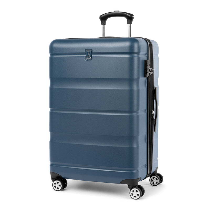 Front angled view of Travelpro Runway hardside spinner in teal blue with telescoping handle and eight 360° wheels.
