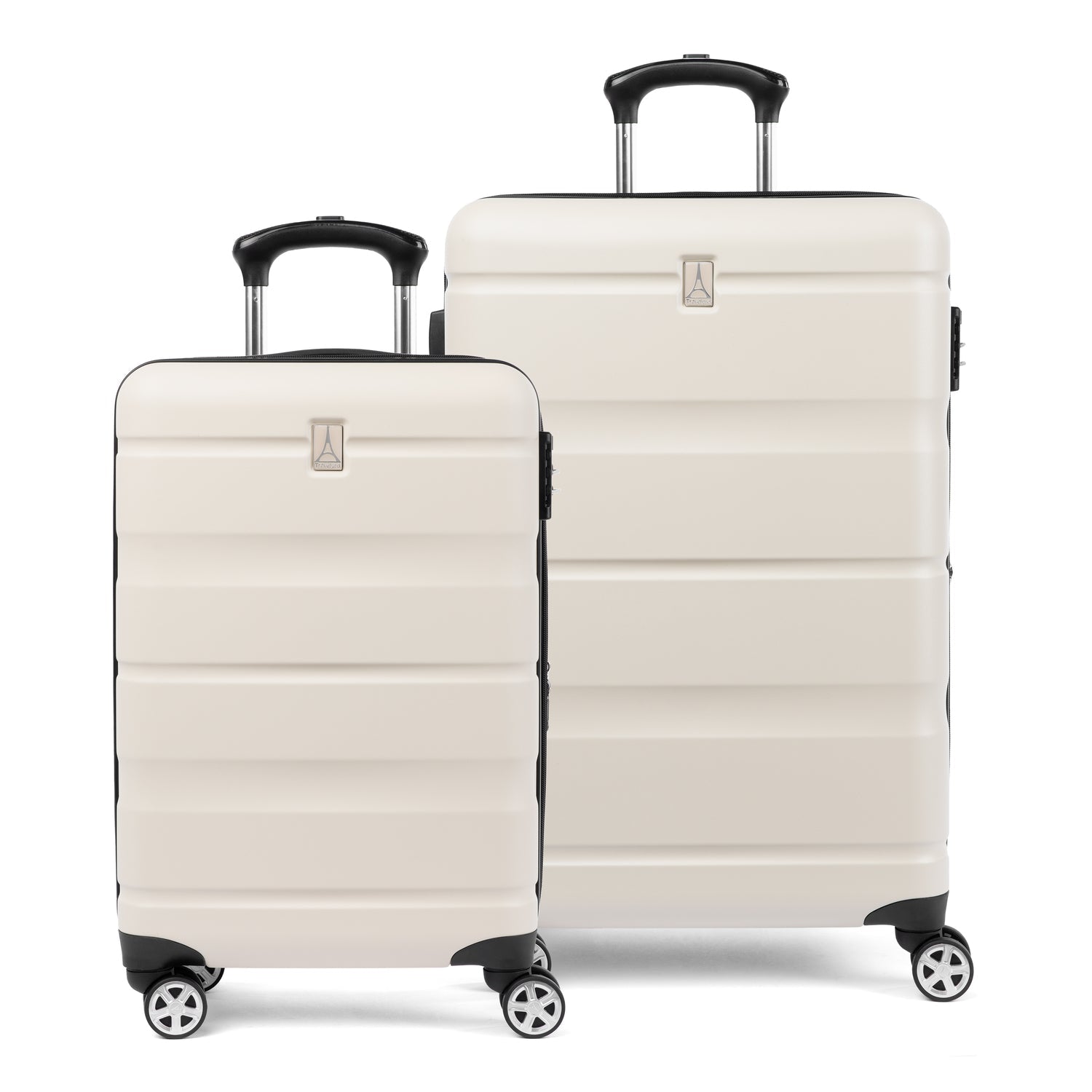 Travelpro Runway® hardside luggage set in white, featuring a carry-on and convertible medium-to-large suitcase with 360° spinner wheels, lightweight hard shell, and telescopic handles
