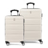 Travelpro Runway® hardside luggage set in white, featuring a carry-on and convertible medium-to-large suitcase with 360° spinner wheels, lightweight hard shell, and telescopic handles
