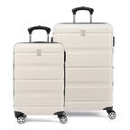 Travelpro Runway® hardside luggage set in white, featuring a carry-on and convertible medium-to-large suitcase with 360° spinner wheels, lightweight hard shell, and telescopic handles
