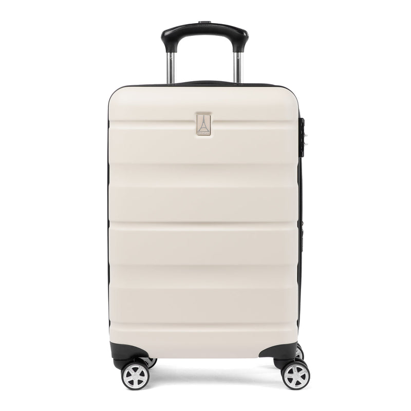 Front view of white hardside carry-on spinner with telescoping handle and  360° wheels.
