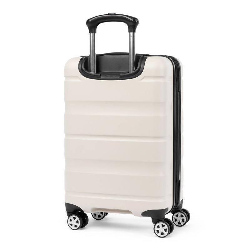 Slanted rear view of white hardside carry-on spinner with telescoping handle and 360° wheels.
