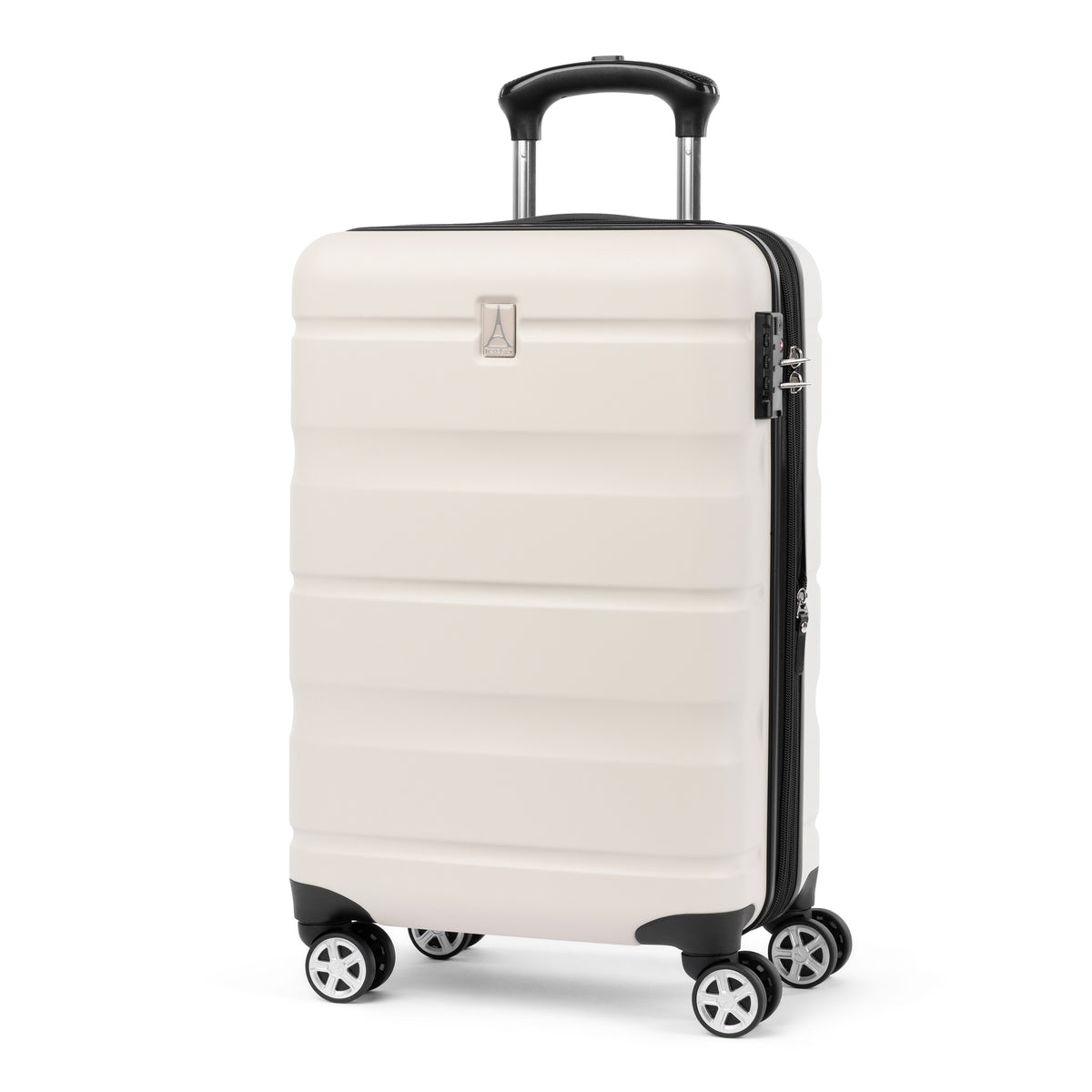 Angled front view of a white hardshell spinner suitcase with black accents,  dual-spinner wheels, an extended telescopic handle, and a side TSA-approved combination lock.
