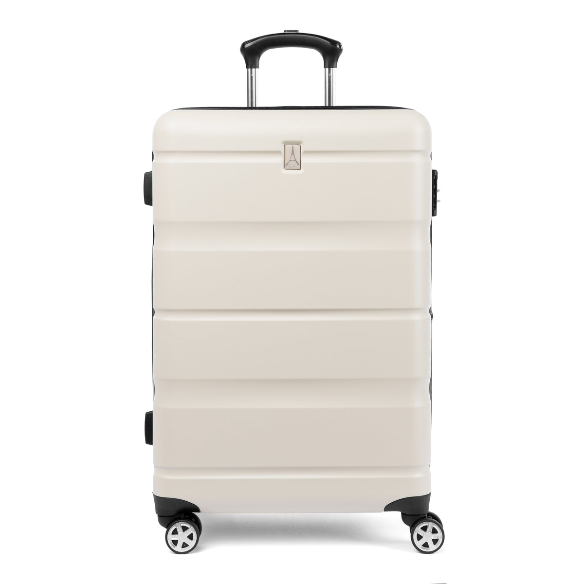 Front view of a white hardshell spinner suitcase with a telescopic handle and  dual-spinner wheels.
