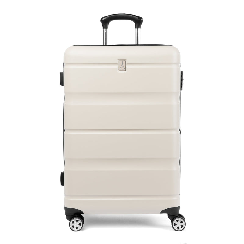 Front view of a white hardshell spinner suitcase with a telescopic handle and  dual-spinner wheels.
