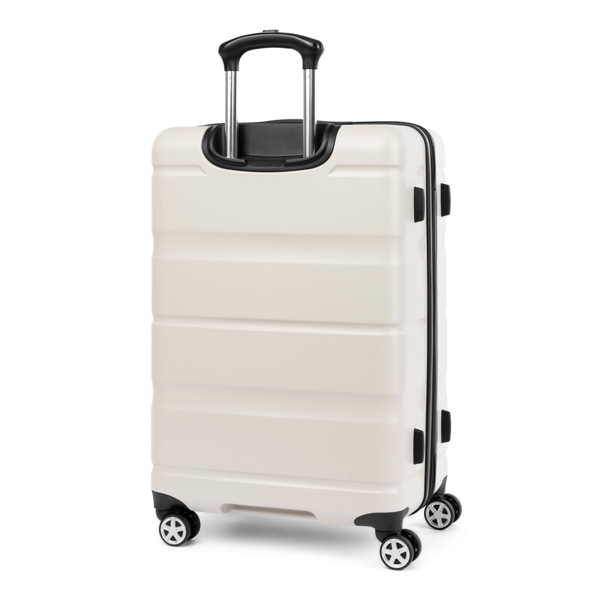 Back view of a white hardshell spinner suitcase with a telescopic handle and dual-spinner wheels.
