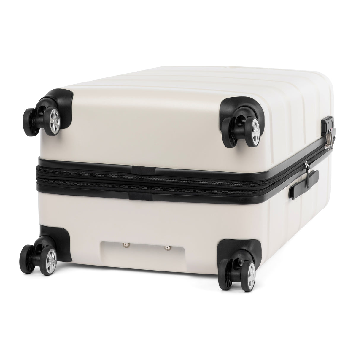 Bottom view of a white hardshell spinner suitcase with dual-spinner wheels and black zipper trim.