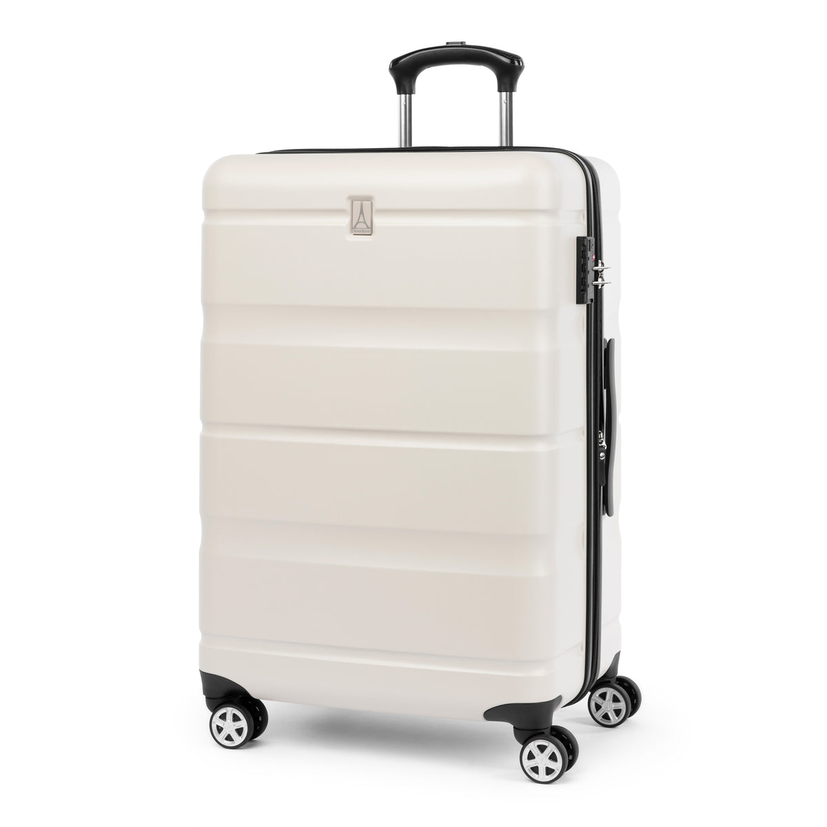 Angled front view of a large white hardshell spinner suitcase with a telescopic handle, dual-spinner wheels, and a side handle.