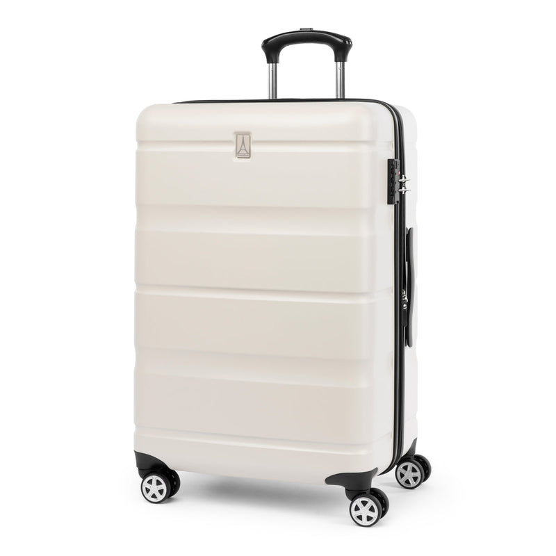 Angled front view of a large white hardshell spinner suitcase with a telescopic handle, dual-spinner wheels, and a side handle.