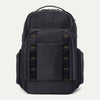 front view of the Travelpro Altitude Large Backpack in Neon Shadow, showing black textured exterior with neon yellow stitching accents, multiple zippered compartments, and side pocket against a light background.