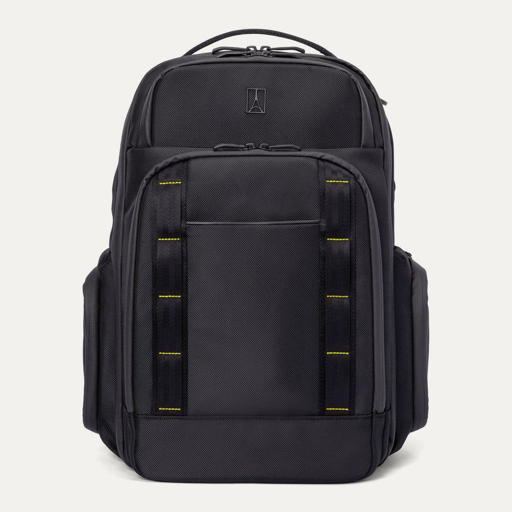 front view of the Travelpro Altitude Large Backpack in Neon Shadow, showing black textured exterior with neon yellow stitching accents, multiple zippered compartments, and side pocket against a light background.
