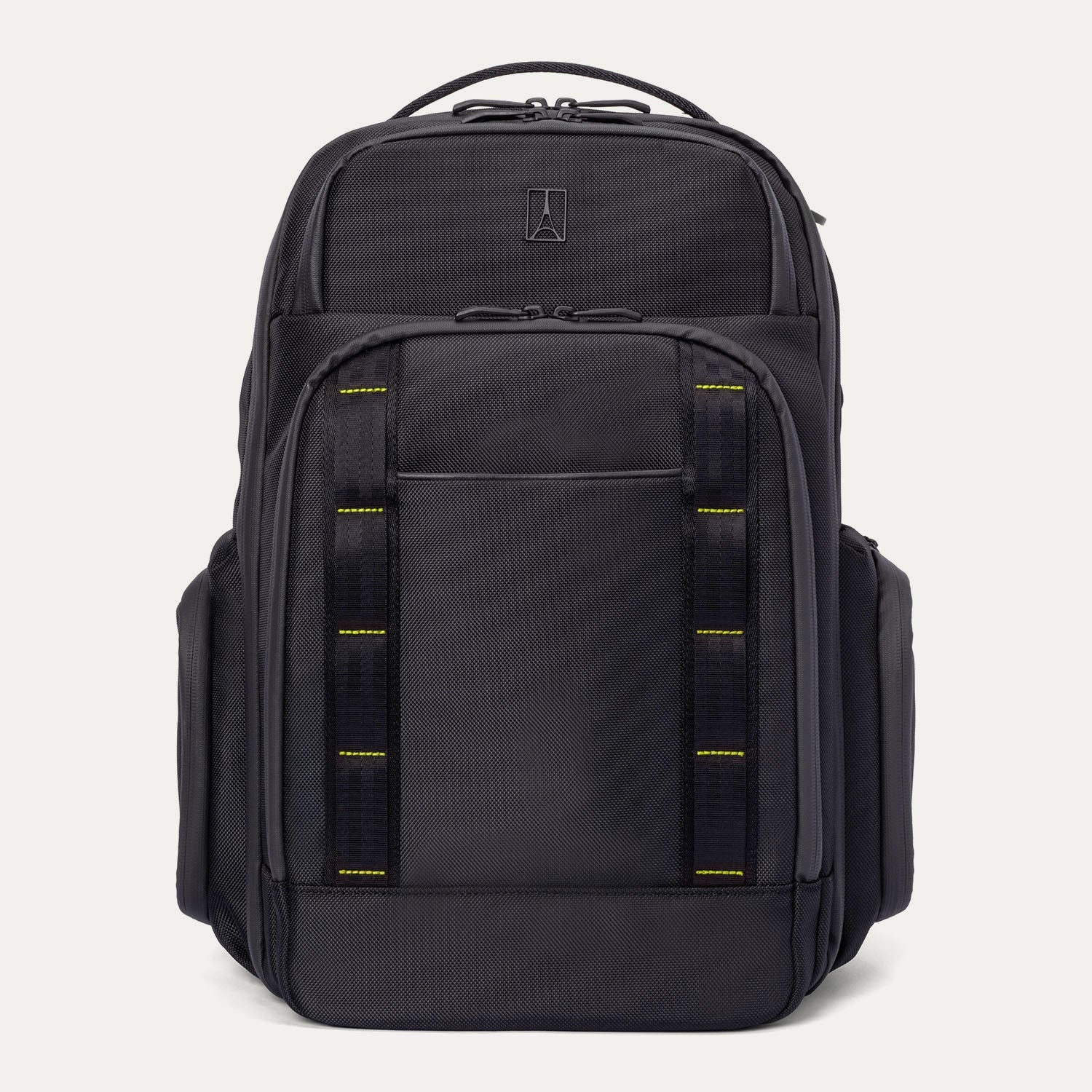 front view of the Travelpro Altitude Large Backpack in Neon Shadow, showing black textured exterior with neon yellow stitching accents, multiple zippered compartments, and side pocket against a light background.