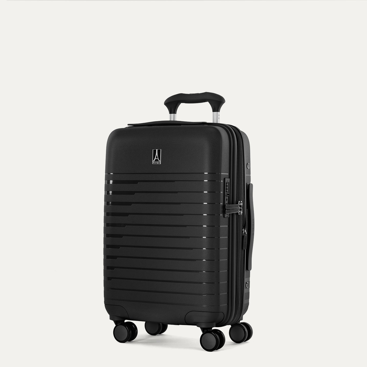 Black suitcase with wheels on a light gray background