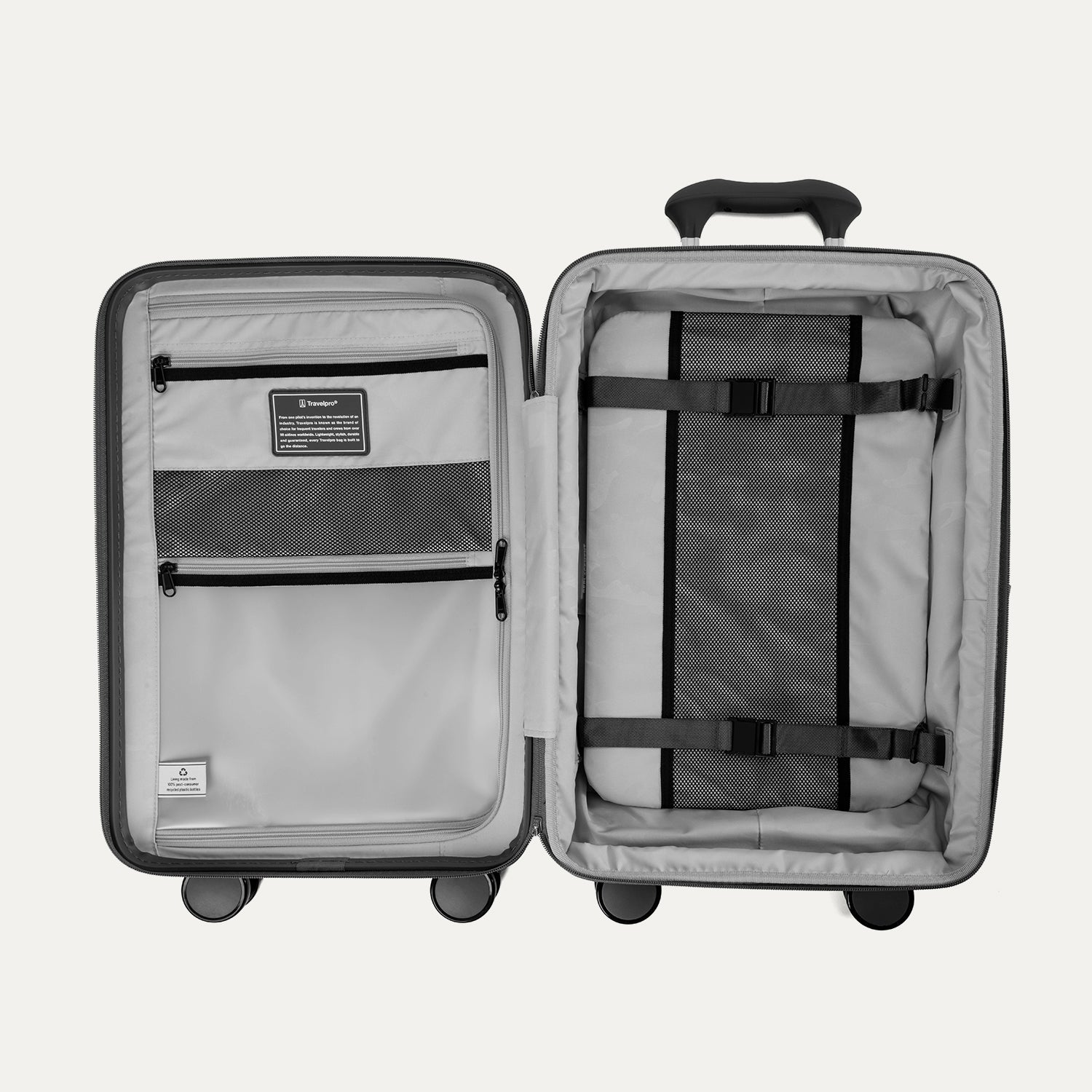 Open suitcase with interior organization panels on a white background