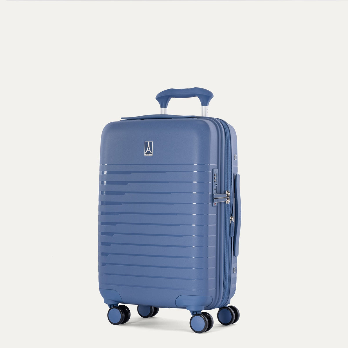 Blue suitcase with wheels on a light gray background