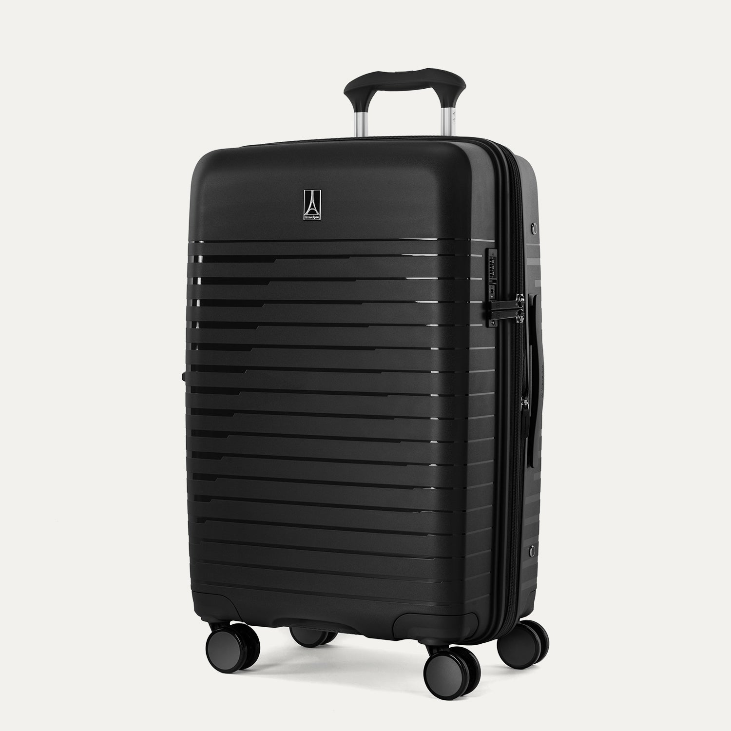 Black suitcase with a visible brand logo on a light gray background