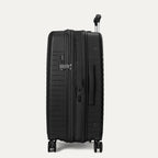 Black suitcase with wheels on a light gray background