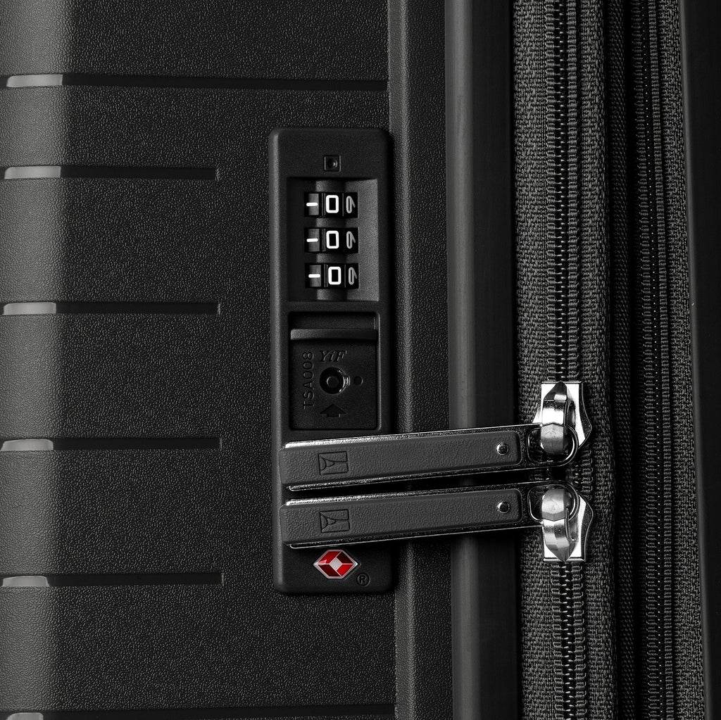 Close-up of a black suitcase with a combination lock and TSA lock.