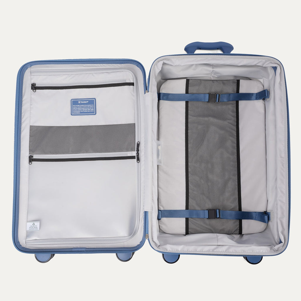 Open suitcase with interior organization panels on a white background