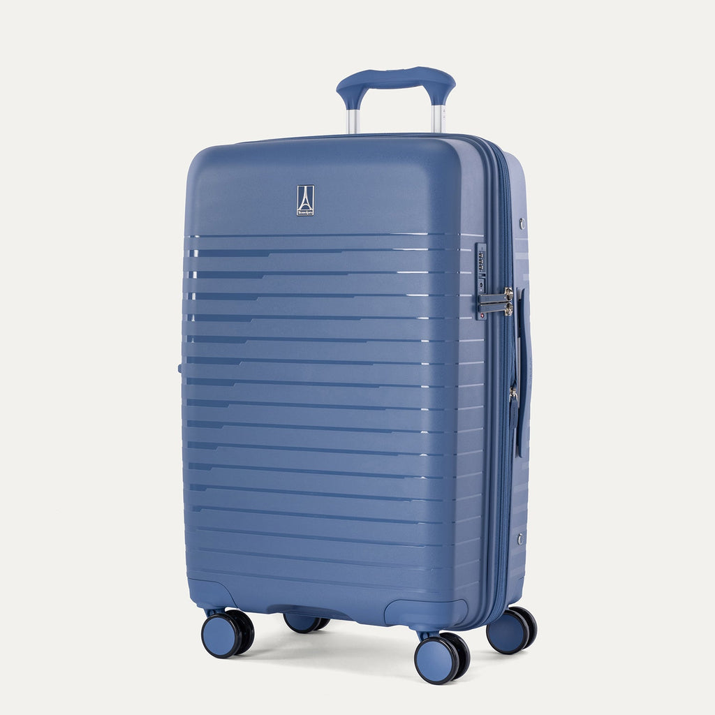 Blue suitcase with a handle on a white background