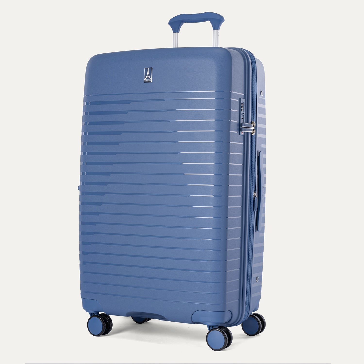 Blue suitcase with a visible brand logo on a white background