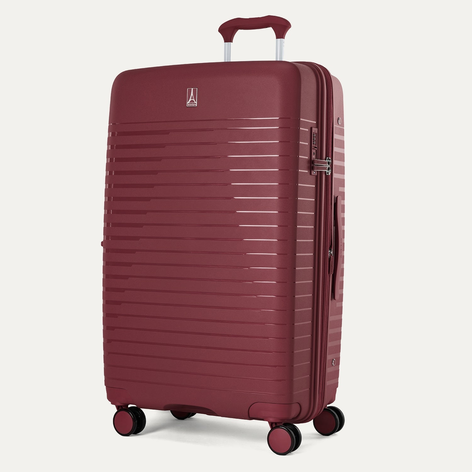 Maroon suitcase with wheels and handle on a light gray background