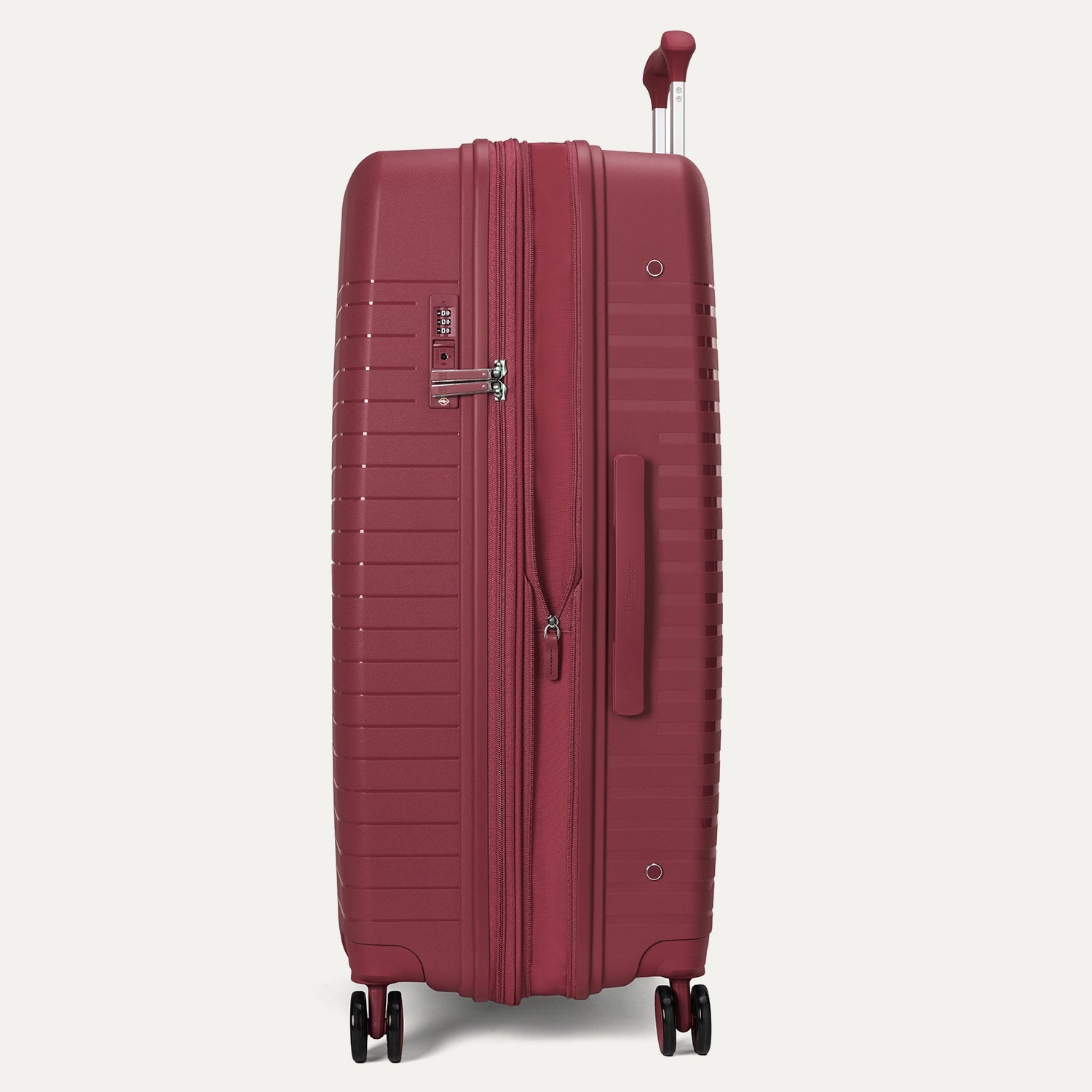 Red suitcase with a handle on a light gray background
