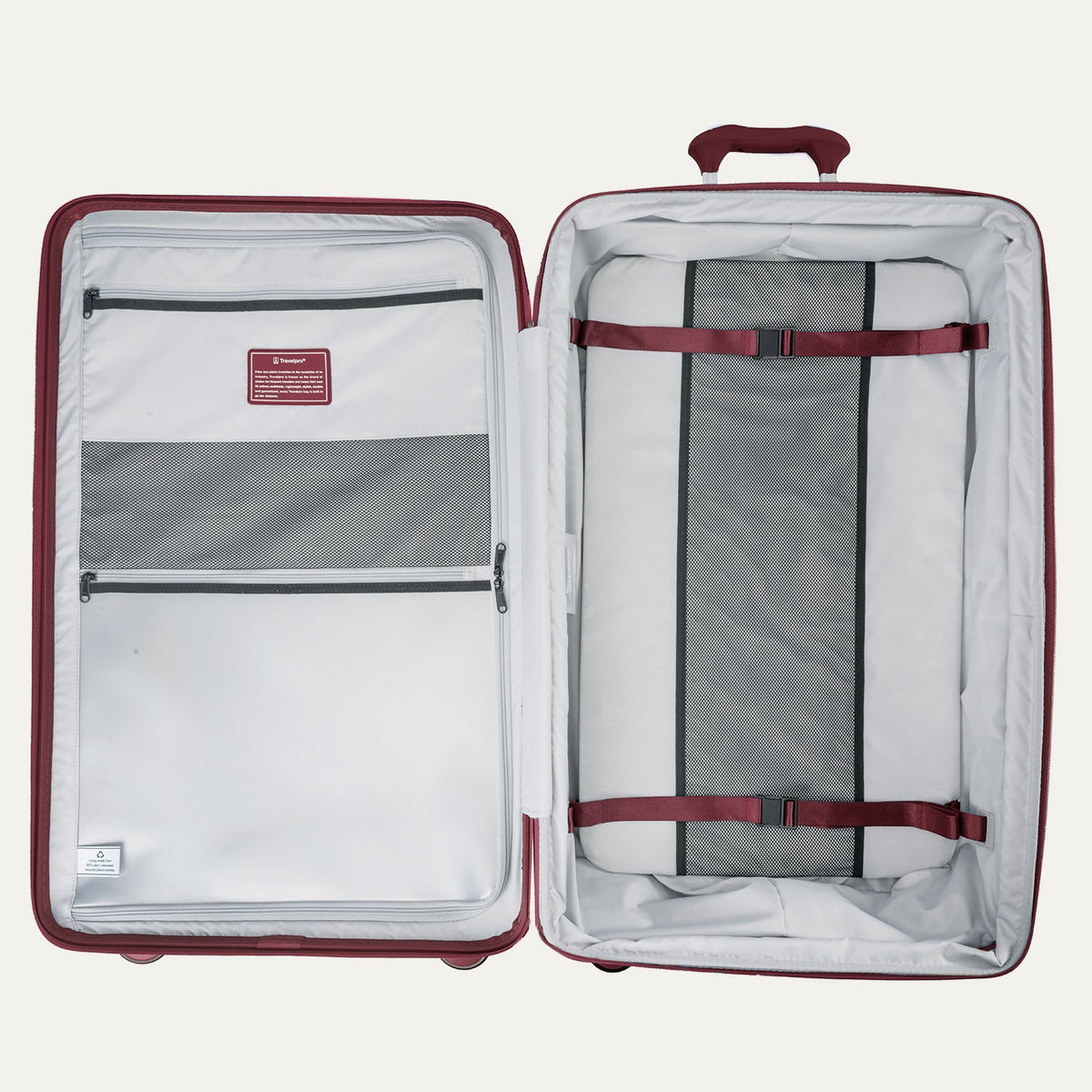Open suitcase with interior organization panels and straps on a white background