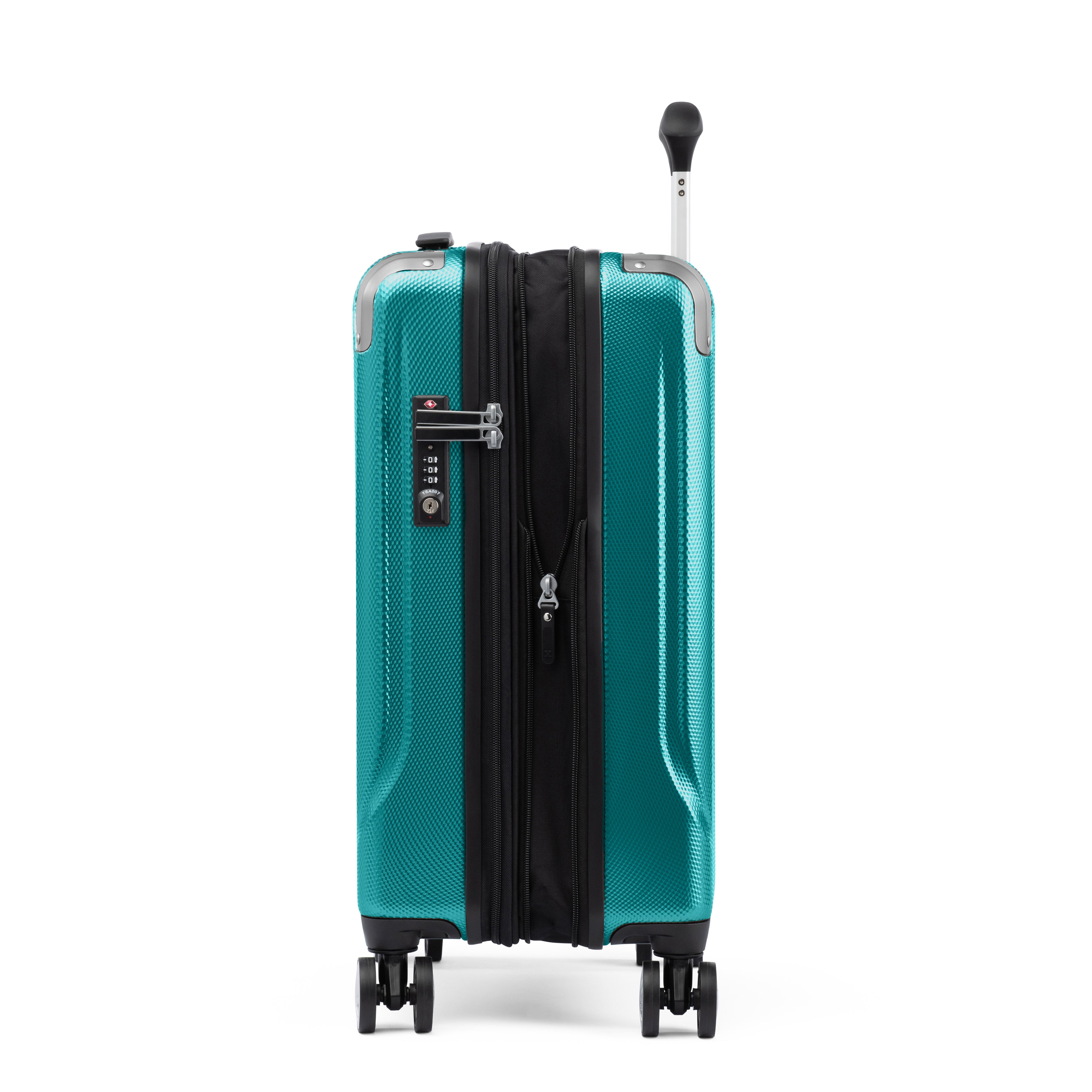 Pathways 3.0 Carry On Spinner In Teal side view showing 2cm expansion