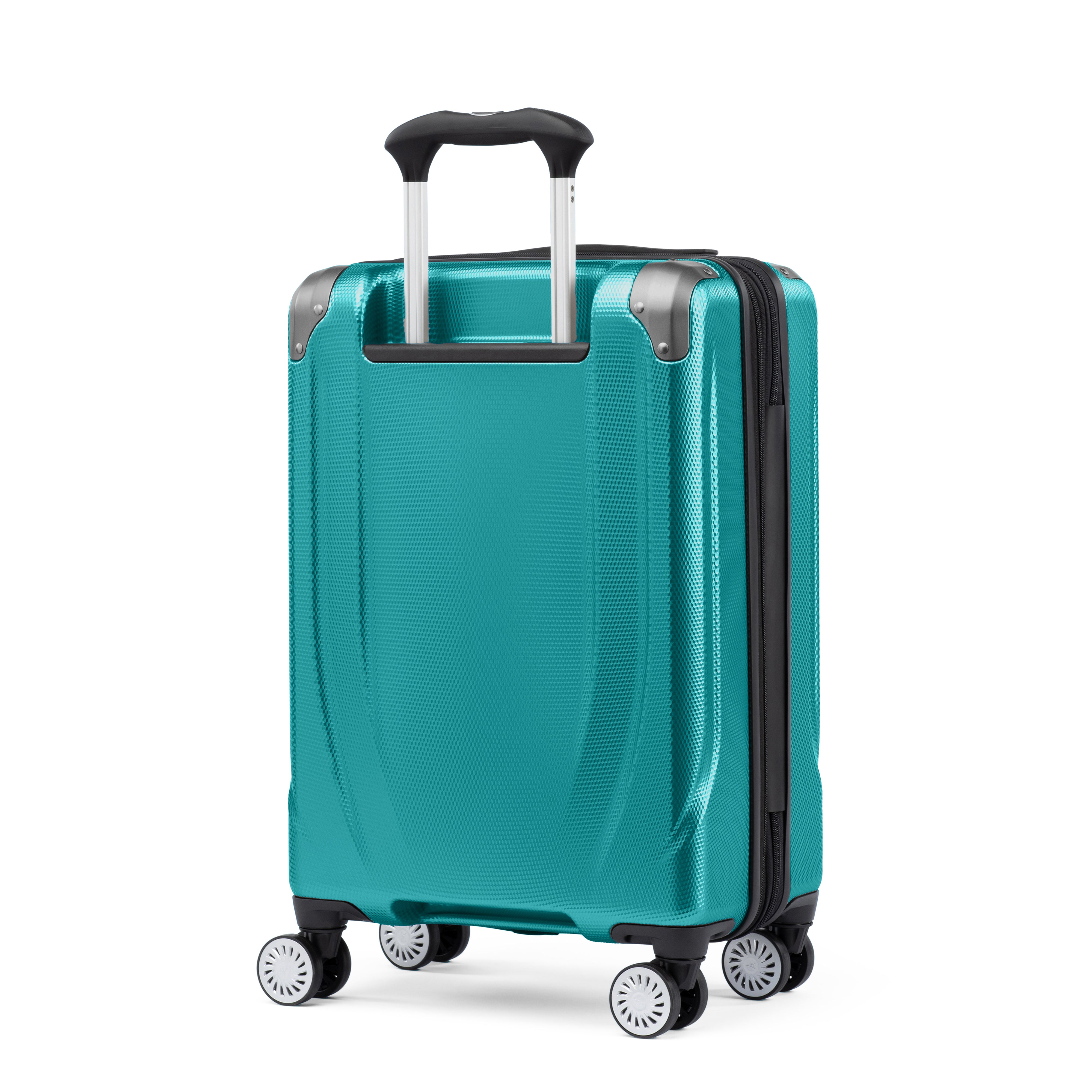Teal suitcase with black handle and 8 spinner wheels
