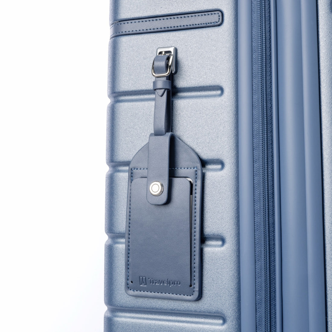 Leather ID tag on a Platinum Reserve suitcase