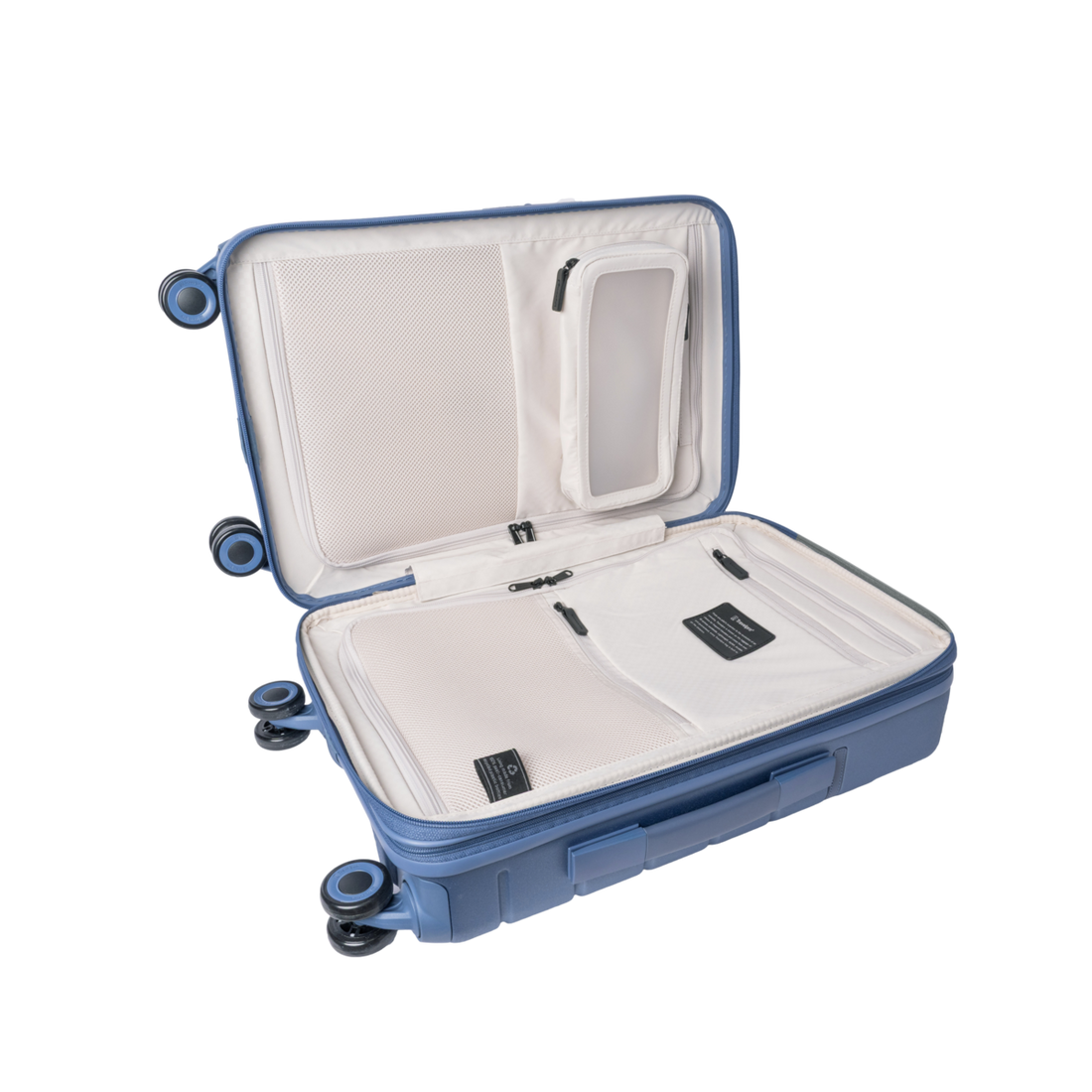 Open Platinum Reserve suitcase showing dividers and hold-down straps